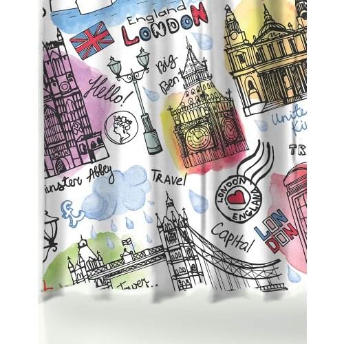 British Style London Building Polyester Waterproof Shower Curtains with Rectangle Non-slip Floor Mat Bath Curtain Set
