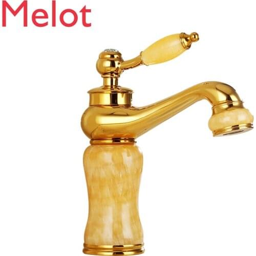 European-Style Golden Hot and Cold Faucet Household Washbasin Basin Head Bathroom Copper Lifting Jade Faucet