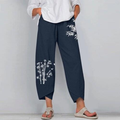 Cotton Linen Loose Wide Leg Pants Women Lady Bamboo Butterfly Print Elastic Waist Casual Cropped Trousers Womens Sweatpants A30