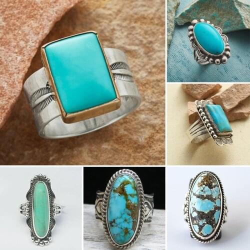 Vintage Boho Geometric Turquoises Rings for Women Tibetan Ethnic Flower Finger Ring Fashion Female Party Jewelry Accessories