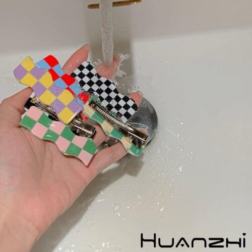 Summer Cute Colorful Plaid Wave Rectangle Acrylic Acetic Hairpins For Women Holiday Daily Hair Accessories HUANZHI 2021 New
