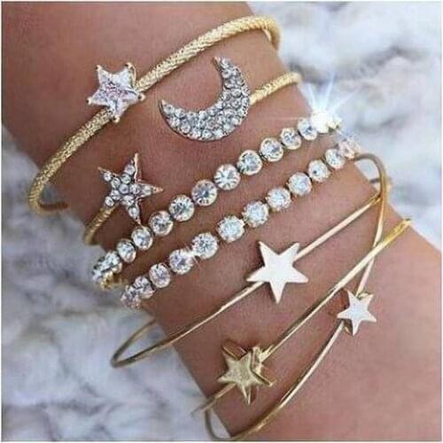 Fashion Personality Ladies Bracelet Star Moon Five-Pointed Star Alloy Crystal Bracelet Four-Piece Set 2021 Trend Party New Gift
