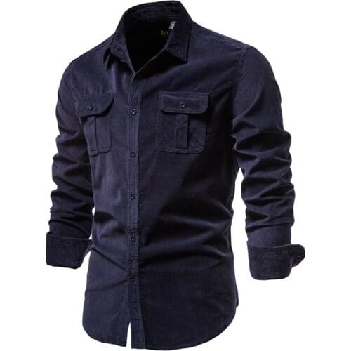 Mens slim fit single-breasted corduroy shirt 2020 cotton mens shirt Japanese and Korean fashion solid color