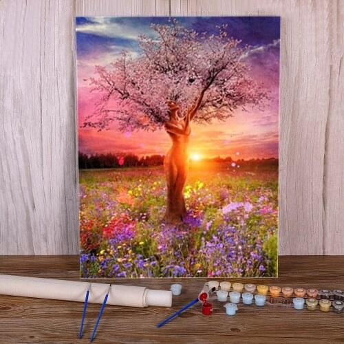 Landscape Tree Coloring By Numbers Painting Package Acrylic Paints 40*50 Canvas Pictures Loft Wall Picture Adults Drawing