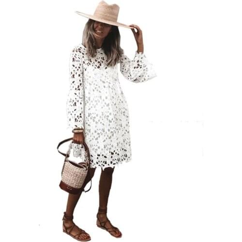 2021 New Womens Spring And Summer Round Neck Lace Sleeve Dress Foliar Flared Sleeve Princess Dress Elegant And Fashionable