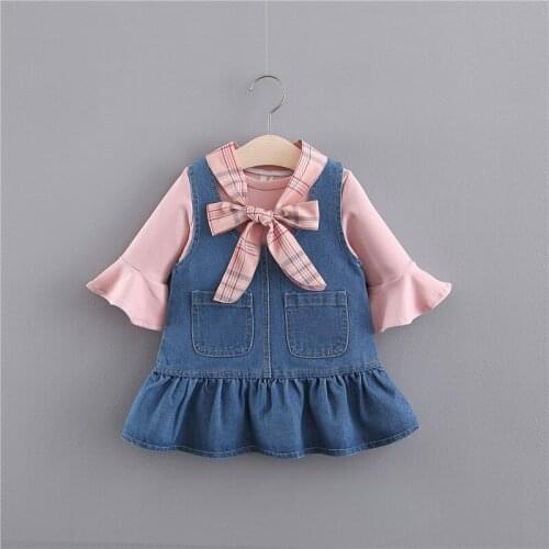 2020 Spring New Girls Long-sleeved T-shirt Denim Strap Dress Two-piece Baby Baby Princess Sets Kids Girls Cute Cowdoy Dress Suit