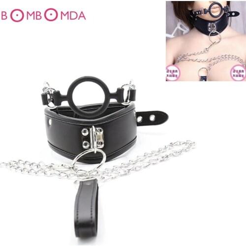 Sex Adult Collar Leather Bondage Collar Mouth Gag With Chain Leash Fetish Slave Neck Cuffs Restraints Sex Products For Couples 3
