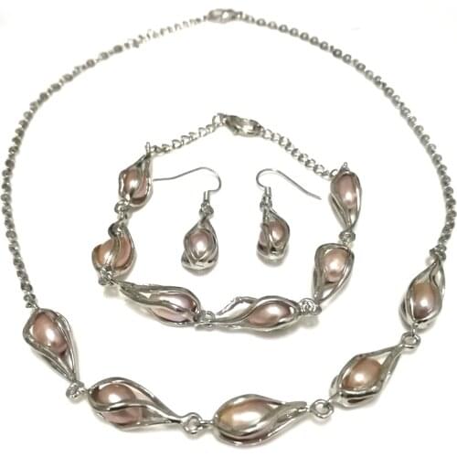 16 inches 7-8mm Natural Lavender Rice Pearl Chain Necklace & 8 inches Bracelet & Hook Earring Fashion Jewelry Set