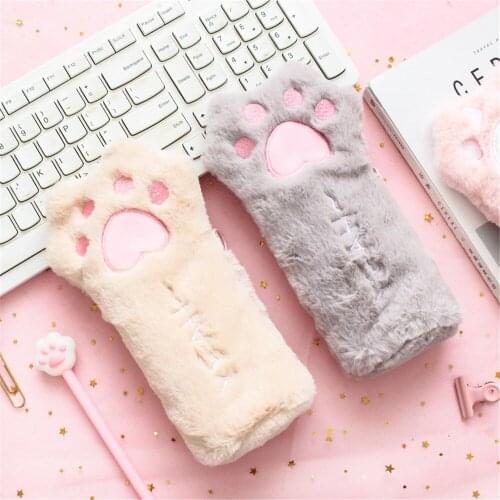 Cut Cat Paw Pencil Bag Soft Plush Cosmetics Pouch Large Capacity Pencil Case Pen Holder Stationery Organizer Kawaii Stationery