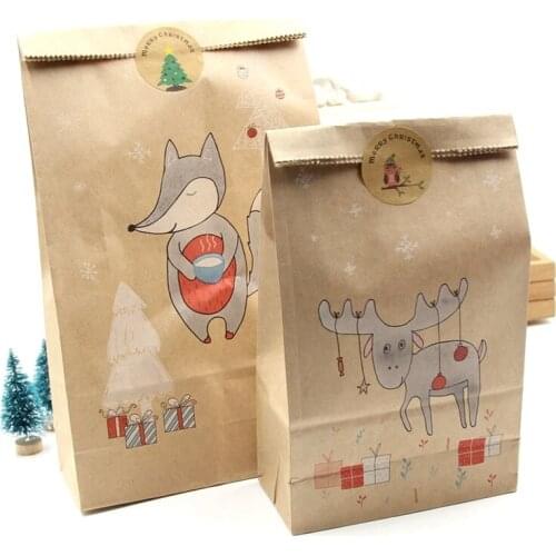12pcs Christmas Kraft Paper Candy Bag Xmas Stickers Set Fox Moose Gift Paper Bag Xmas Candy Food Cookies Packaging Bags