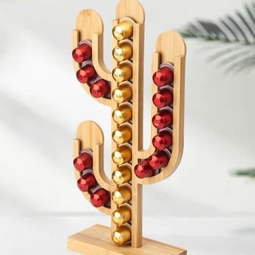 Cactus Shape Coffee Pod Holder Organizer Bamboo Stand Coffee Tabletop Decoration Cactus Coffee Capsule Storage Display Rack