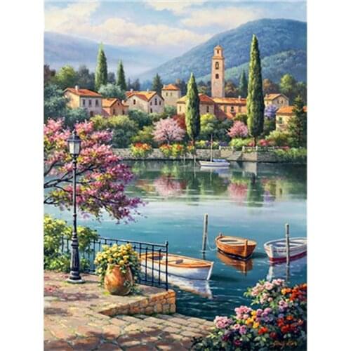 Port City Scenic Diamond Painting Cross Stitch Full Round New DIY 5D Home Decorative Boat Island Mosaic Embroidery