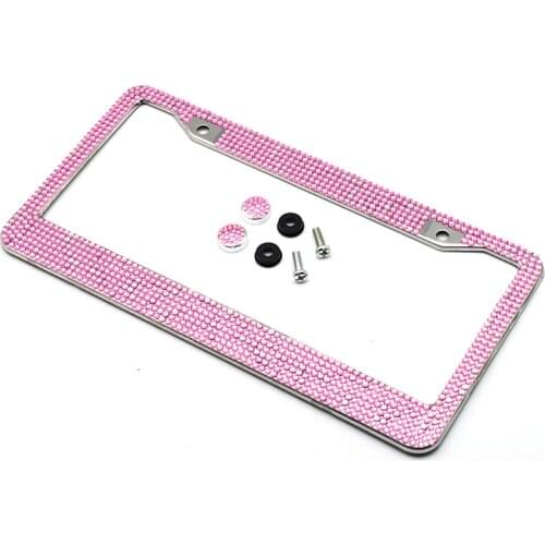Pink White Crystal Diamond American License Plate Frame Handmade Sparkly Bling Rhinestone Stainless Steel Metal Frames