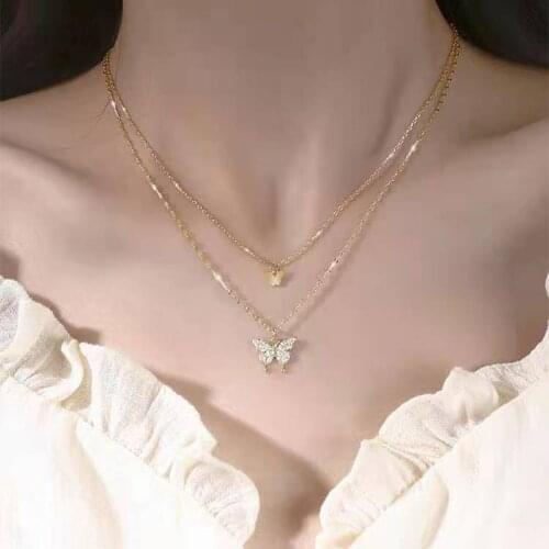 Romantic 925 Sterling Silver Double Layer Butterfly Necklace Sweet Shiny Zircon Choker Valentines Day Fine jewelry NK079