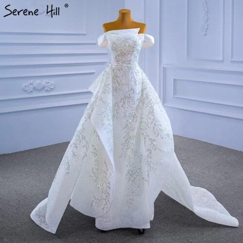 Serene Hill White Mermaid Overskirt Evening Dresses Gowns 2021 Beaded Elegant Luxury For Women Party HM67336
