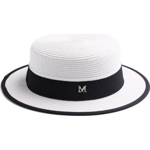 M Letter Ribbon Round Flat Top Straw Beach Hat Lady Boater Sun Caps Panama Straw Fedora Womens Travel Sun Cap Snapback Gorras
