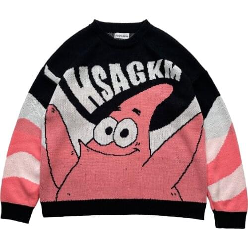 Harajuku Style Ins Fun Cartoon Letter Jacquard Thickened Lazy Loose Knitted Sweater Low Round Neck