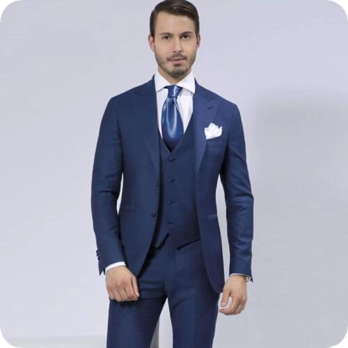 Navy Blue Men Suit with Pants Groom Wedding Suit Man Blazer Masculino Peaked Lapel Slim Fit Costume Homme 3 Piece Jacket Vest