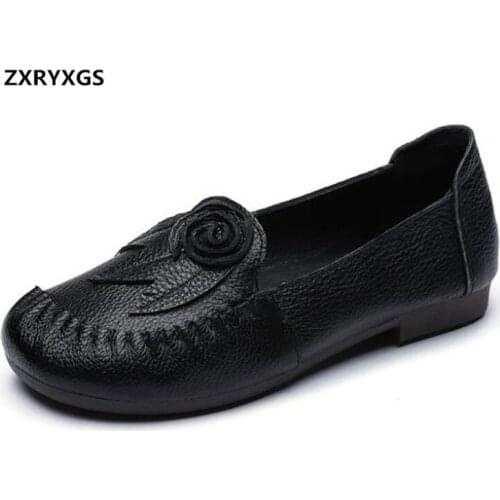 New Autumn Elegant Fashion Casual Shoes Woman Flower Genuine Leather Shoes Flat Shoes Soft Comfortable Mother Shoes Women Flats