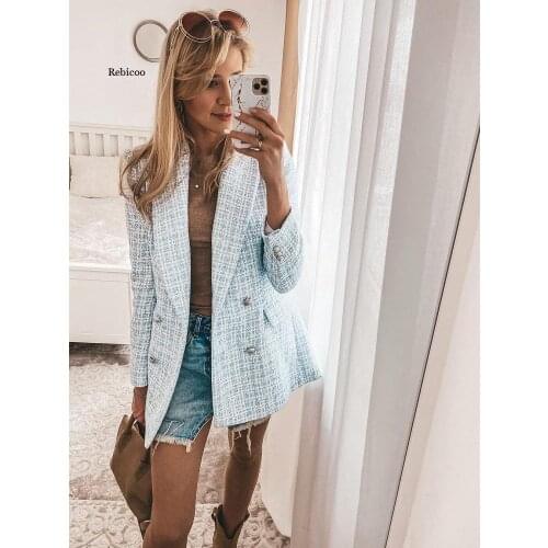 Women Stylish Chic Blue Tweed Jacket Fashion Turn-Down Collar Double Breasted Pockets Coat Female Casual Outerwear
