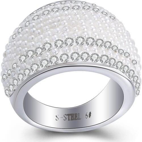 Womens Stainless Steel Zircon Ring Pearl Wedding Rings Birthday Gift Jewelry Accessories