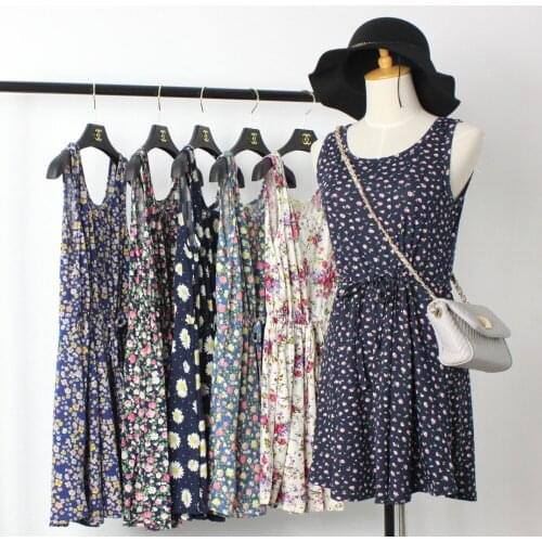 New casual women girl summer preppy style Floral pattern Elastic waist O-Neck Basic styles sleeveless vest dress