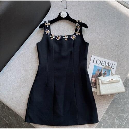 Womens Dress Fall 2021 New Rhinestone Flower Collar Sexy Sleeveless Dresses Business Lady Outfits Black Dress for Women