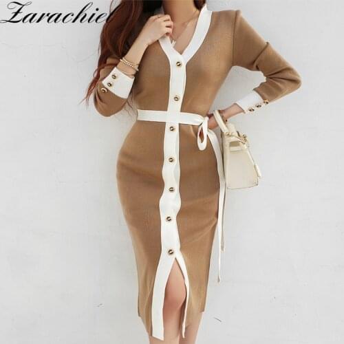 2021 Autumn V Neck Long Sleeve Single Breasted Slim Fit Lace Up Sweater Dress Women Color Blocking Sashes Belt Knitted Vestidos