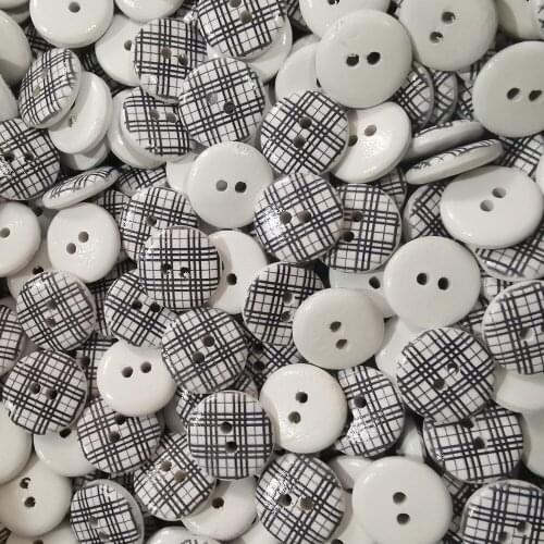 100pcs 15mm Round Wood Black Gingham Checks Painted Buttons DIY Crafts Sewing 2 Holes Accessories