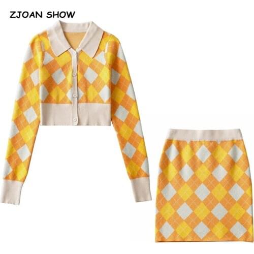 2pcs Preppy Style Orange Argyle Plaid Knitted Cardigan Korea Clothing Package Hips Mini Skirt Set Y2K Knitwear 2021 Autumn