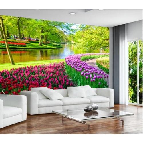 3D Green Nature Tree Wallpaper Murals Tulip Flower for Living Room Bedroom Home Wall Decor Custom Any Size Landscape Murals