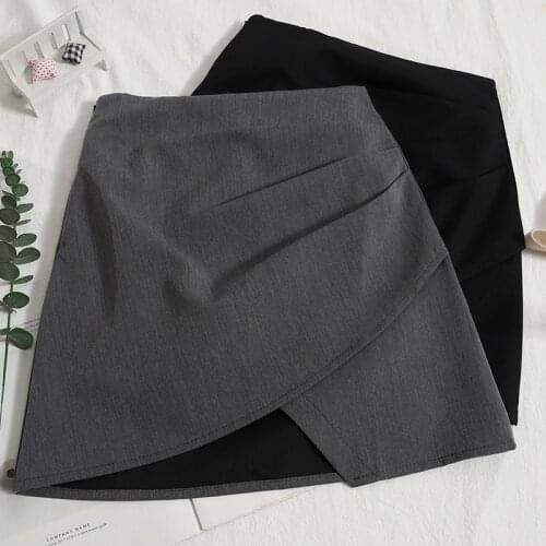 Abrini Women 2021 Autumn Grey Pleated Sexy MINI Skirts A-line Mini Skirts Wide Leg Casual Skirts 2021 Asymmetrical Skirts