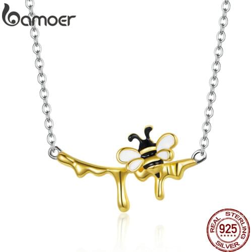 BAMOER Authentic 925 Sterling Silver Enamel Lovely Honey Bee Necklace for Women Chain Link Necklaces Silver 925 Jewelry SCN460