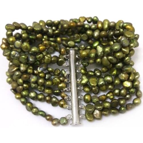 7.5 inches 8 Rows 6-7mm Army Green Natural Freshwater Nugget Baroque Pearl Bracelet