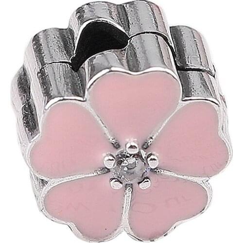 Original Pink Enamel Primrose With Crystal Clip Lock Stopper Beads Fit 925 Sterling Silver Charm Bracelet Diy Jewelry