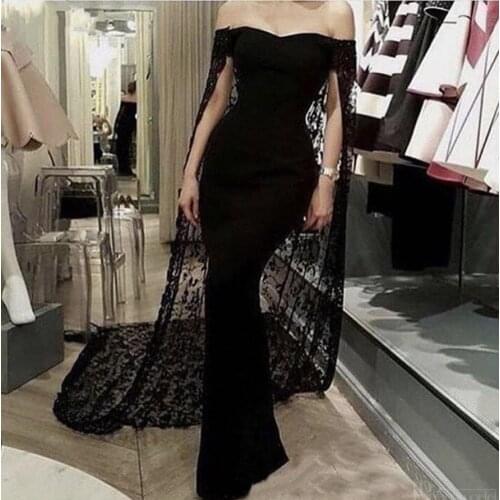Black Muslim Evening Dresses 2021 Dubai Saudi Arabic Long Evening Gowns with Detachable Lace Shawl Mermaid Prom Dress vestidos