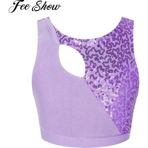 Kids Sleeveless Shiny Sequins Open Back Dance Tank Crop Top Modern Lyrical Jazz Dance Costumes Girls Gymnastics Ballet Tops