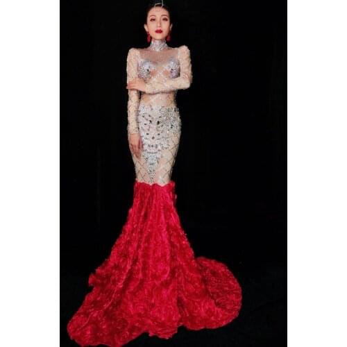 Sparkly Crystals Mesh Long Dress Womens Evening Party Wear Luxurious Dress Prom Birthday Celebrate Female Singer Dresses DJ DS