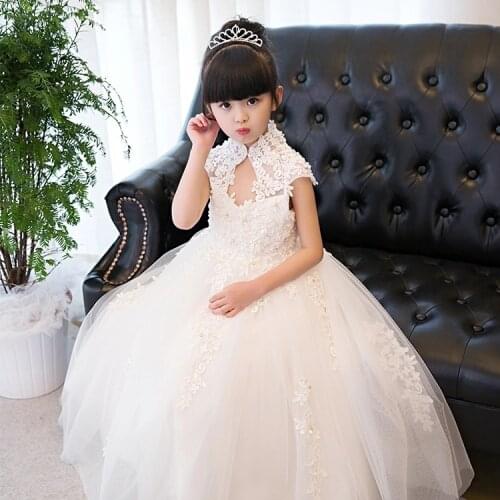 Glizt Girls Wedding Dresses High collar White Sequin Tulle Princess Birthday Dress Long First Communion Gown for Girls Princess