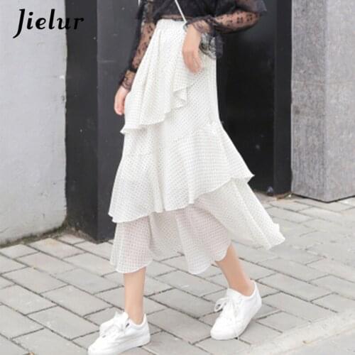 Jielur Elegant Lady Polka Dot White Skirt Female Loose Chiffon Skirts Womens Fashion Ruffles Cake Mermaid Faldas Elastic Waist