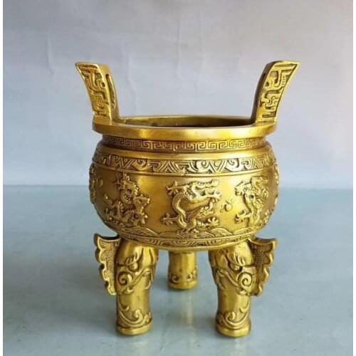 China brass seiko nine dragon tripod Incense burner crafts statue