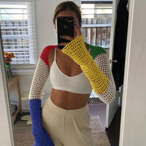 2021 Summer Y2K Patchwork Crop Top Long Sleeve Sexy Backless Vintage Beach Casual Party Fashion Knitted T Shirt