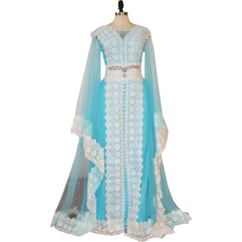 Moroccan Kaftan Arabic V Neck A Line Floor Length Long Sleeve Appliqued with Lace Evening Dresses Dubai Muslim abayas 2019