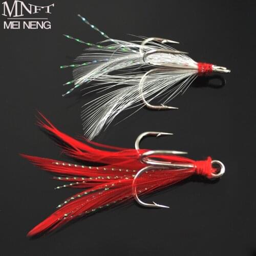 MNFT 10PCS Three Hook Fish Fly Lure Bulk Feather Treble Hooks Bait Can Be Assembled Paillette Fishhook Red White Plumage 4 6
