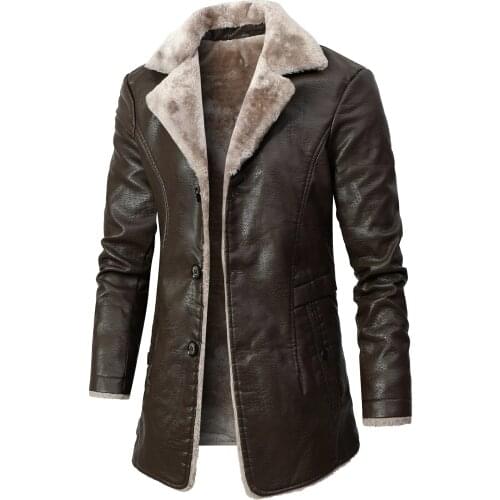 Men Brand Thick Fleece Leather Jacket Men Mid-length Winter Fashion Vintage PU Leather Coats Men High Quality Casual Faux Jacket