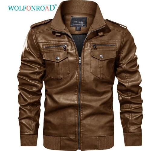 WOLFONROAD Mens PU Leather Motorcycle Jackets Biker Jackets MA-1 Military Pilot Outer Faux Leather Coats Windbreaker Men Jacket
