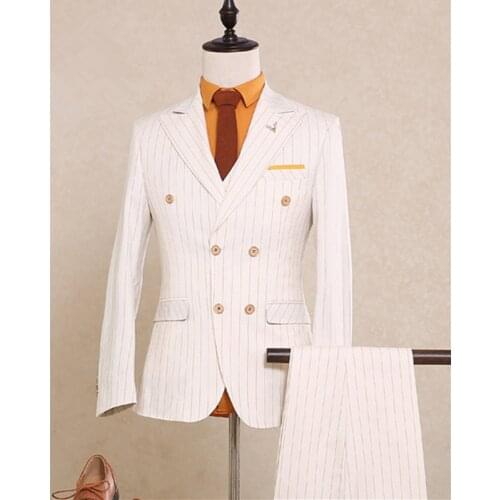 Striped Men Suits clothing Double-breasted suit 3 pieces white slim fit Office Work Business Wedding Mens Suits terno masculino