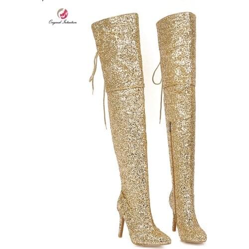Original Intention Super Sexy Over-the-Knee All Sequins Cloth Boots Woman Pointed Toe Thin Heels Gorgeous Bow Knot Shoes Woman