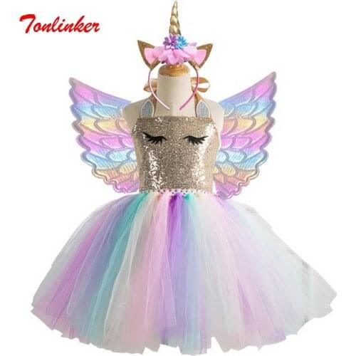 Halloween Girls Unicorn Tutu Dress With Gold Headband Wings Set Kids Sequin Princess Dresses Children Party Cosplay Costumes