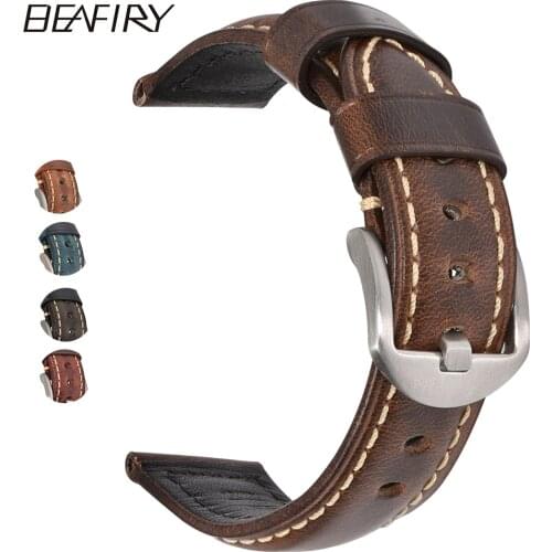 BEAFIRY Fashion Oil Wax Genuine Leather Watch Band 19mm 20mm 21mm 22mm 23mm 24mm Watch Straps Watchbands Belt brown blue black